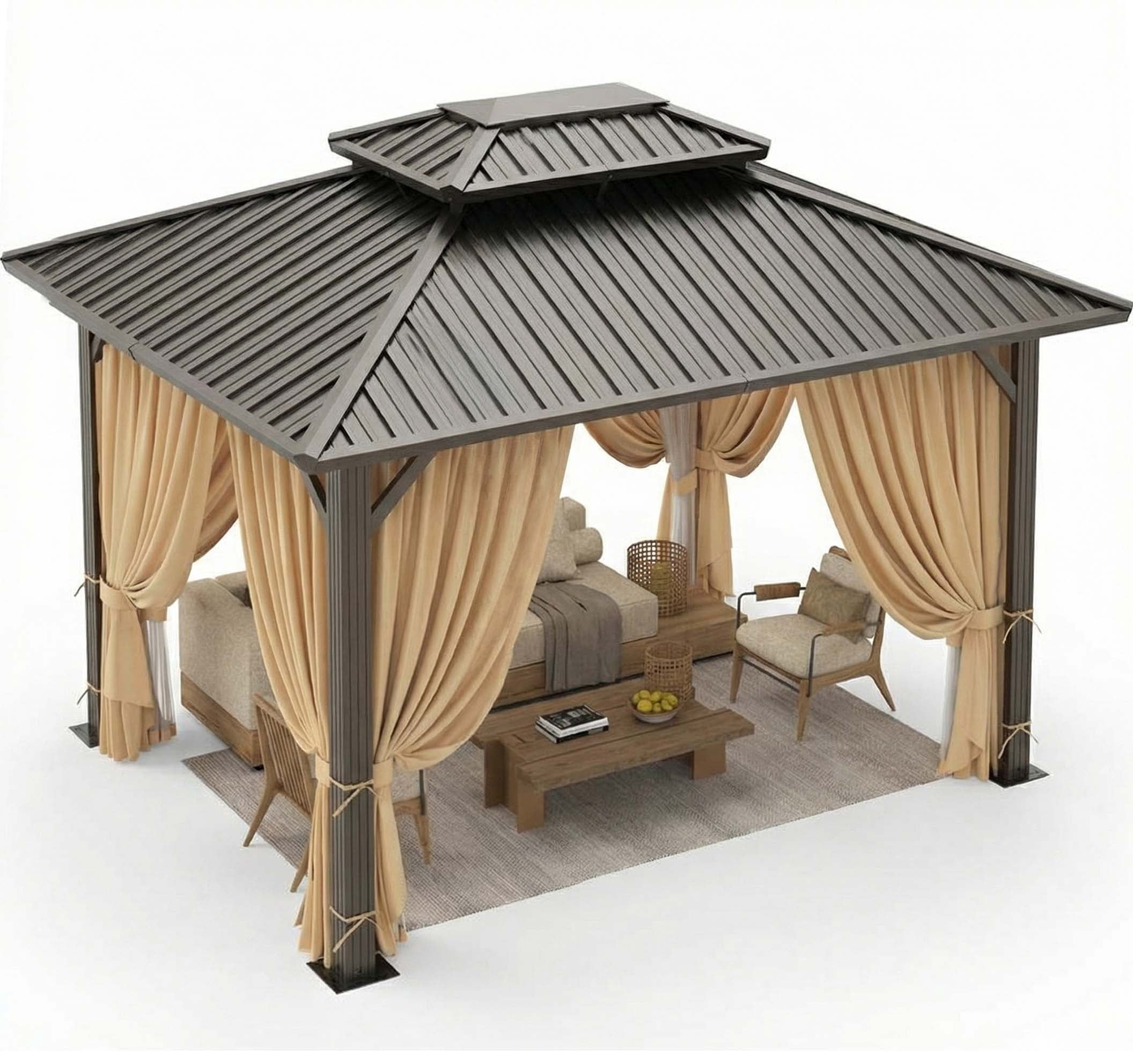 HOTEEL 10' x 12' Hardtop Gazebo, Outdoor Steel Double Galvanized Roof Canopy, Aluminum Frame Permanent Pavilion Metal Gazebo with Curtains and Netting, Sunshade for Patios, Gardens, Lawns, Brown