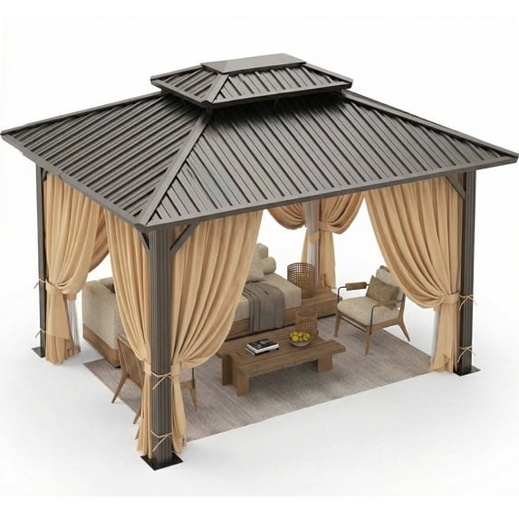 HOTEEL 10' x 12' Hardtop Gazebo, Outdoor Steel Double Galvanized Roof Canopy, Aluminum Frame Permanent Pavilion Metal Gazebo with Curtains and Netting, Sunshade for Patios, Gardens, Lawns, Brown