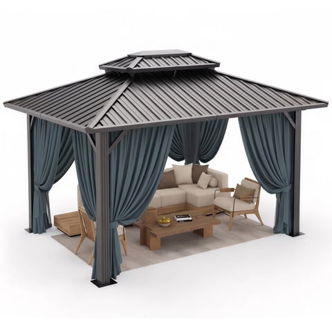 HOTEEL 10' x 12' Hardtop Gazebo, Outdoor Steel Double Galvanized Roof Canopy, Aluminum Frame Permanent Pavilion Metal Gazebo with Curtains and Netting, Sunshade for Patios, Gardens, Lawns, Black