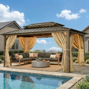 HOTEEL 10x15 Hardtop Gazebo, Outdoor Heavy Duty Gazebo with Galvanized Steel Double Roof, Flame-Retardant Curtains and Netting, Sunshade for Patios, Gardens, Lawns Dark Brown
