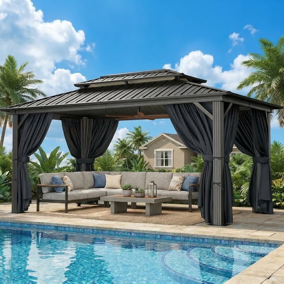 HOTEEL 10'x15' Hardtop Gazebo, Outdoor Heavy Duty Gazebo with Galvanized Steel Double Roof, Flame-Retardant Curtains and Netting, Sunshade for Patios, Gardens, Lawns (Black)
