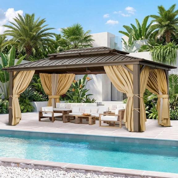 HOTEEL 10' x 15' Hardtop Gazebo, Outdoor Steel Double Galvanized Roof Canopy, Aluminum Frame Permanent Pavilion Metal Gazebo with Curtains and Netting, Sunshade for Patios, Gardens, Lawns, Brown