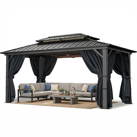 HOTEEL 10' x 15' Hardtop Gazebo, Outdoor Steel Double Galvanized Roof Canopy, Aluminum Frame Permanent Pavilion Metal Gazebo with Curtains and Netting, Sunshade for Patios, Gardens, Lawns, Black