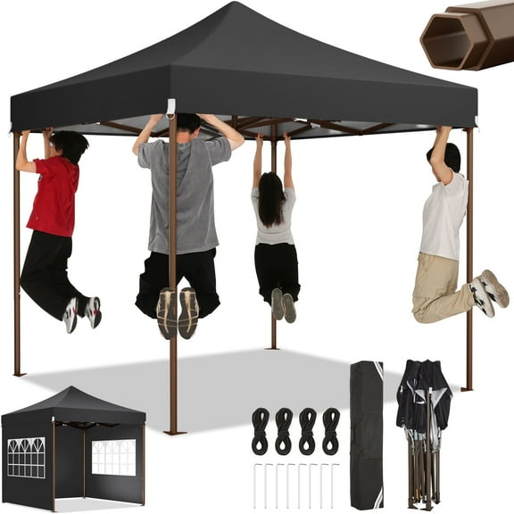 HOTEEL 10x10 Heavy Duty Pop up Canopy EZ Commercial Outdoor Tent Portable Party Wedding Instant Canopy Shelter All Season Anti-UV Waterproof Tent Gazebo with 4 Removable Sidewalls, Carry Bag, Black