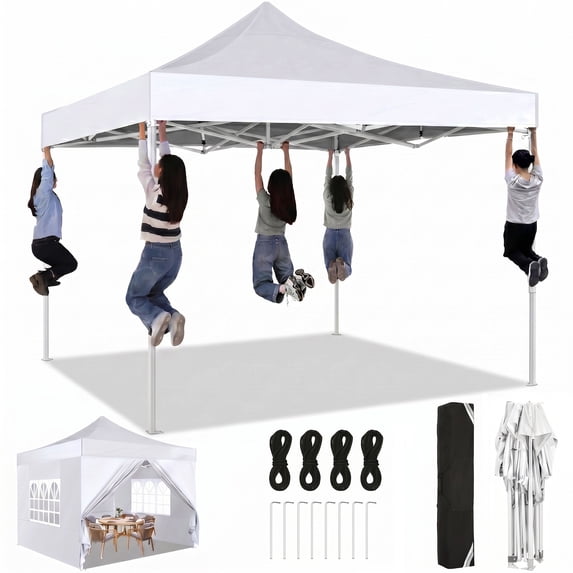 HOTEEL 10x10 Heavy Duty Pop up Canopy EZ Commercial Outdoor Tent Portable Party Wedding Instant Canopy Shelter All Season Anti-UV Waterproof Tent Gazebo with 4 Removable Sidewalls, Carry Bag, White
