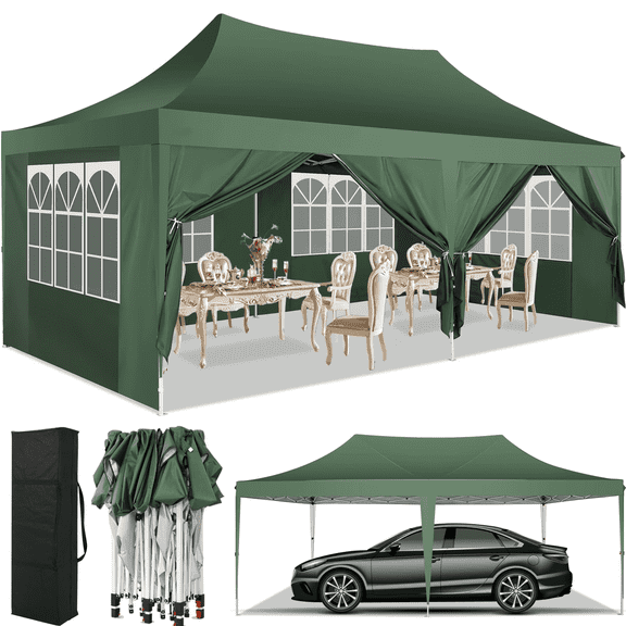 HOTEEL 10'x20' Ez Pop up Canopy Tent, Commercial Instant Canopies with 6 Removable Sidewalls, for Patio Picnic Carport Party Wedding, Green