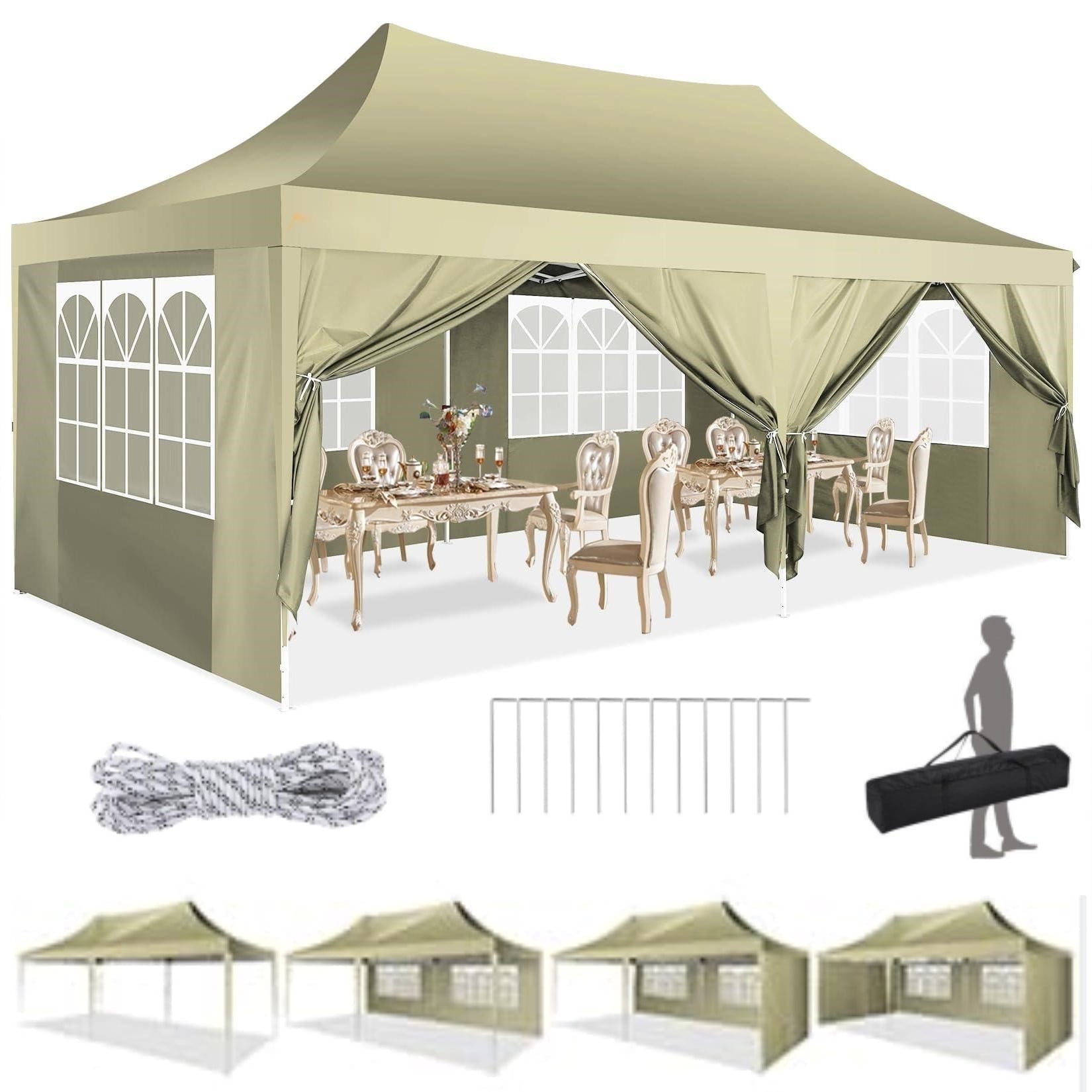 Khaki 10x20 Heavy Duty Pop-Up Canopy Tent with Removable Sidewalls