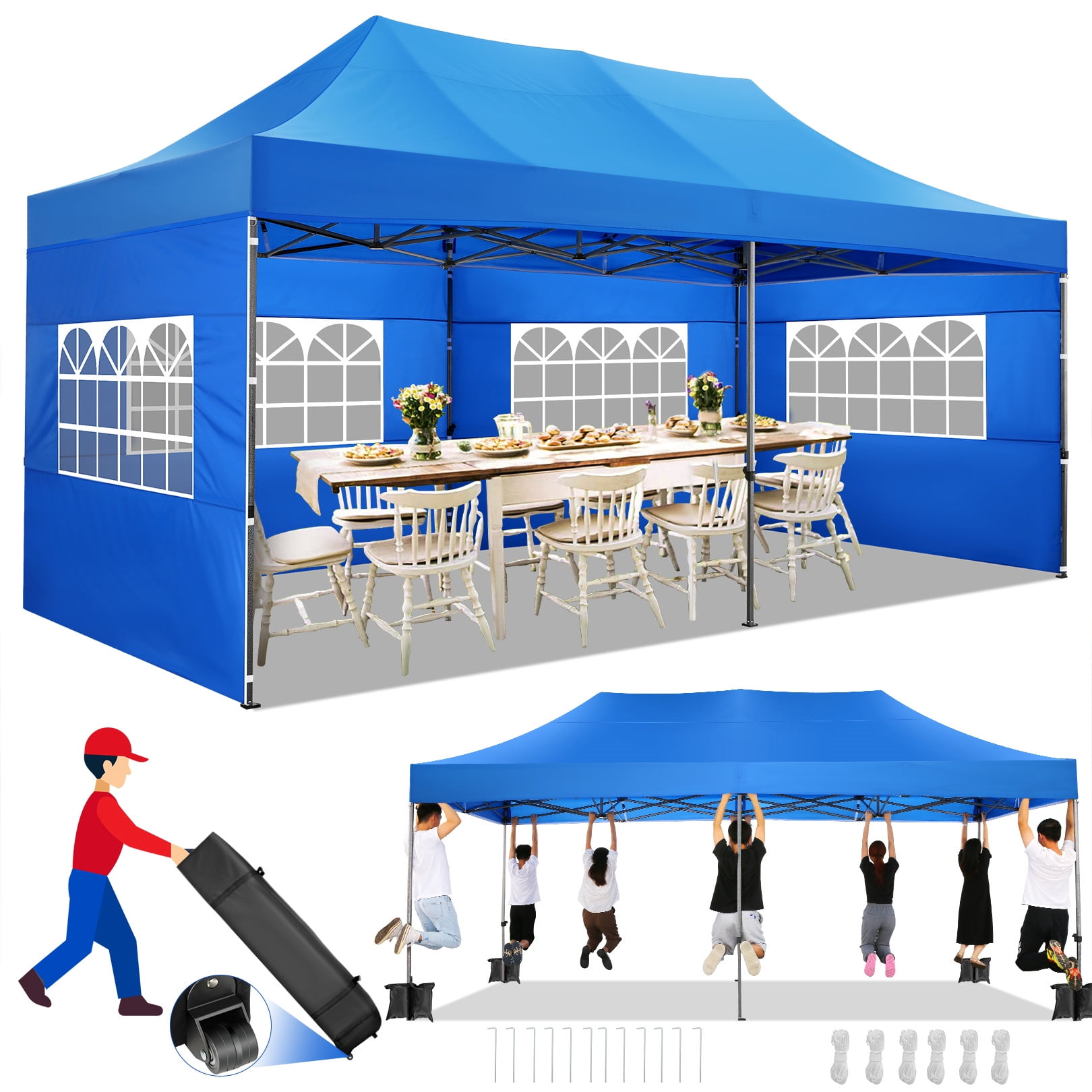 10x20 Blue Heavy Duty Waterproof Alloy Steel Pop-Up Canopy Tent with Sidewalls