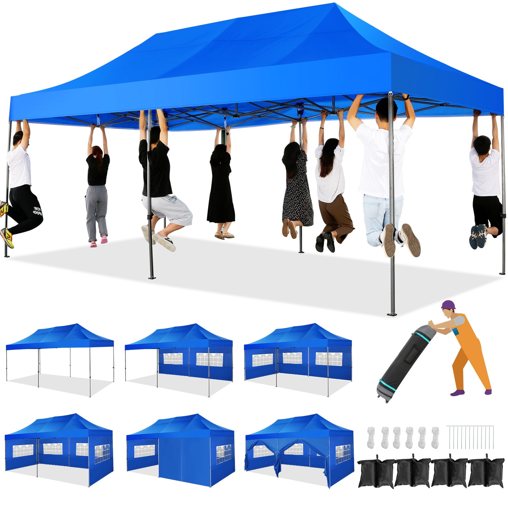 10x20 Blue Heavy Duty Waterproof Alloy Steel Pop-Up Canopy Tent with Sidewalls