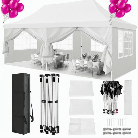 HOTEEL 10'x20' Pop up Canopy Tent with 6 Removable Sidewalls, Instant Outdoor Canopy Shelter with Upgrade Raised Roof and Carry Bag,Black+White