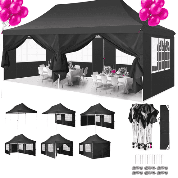 HOTEEL 10'x20' Pop up Canopy Tent with 6 Removable Sidewalls, Instant Outdoor Canopy Shelter with Upgrade Raised Roof and Carry Bag,Black