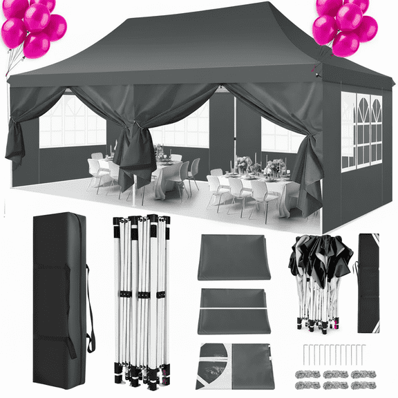 HOTEEL 10'x20' Pop up Canopy Tent with 6 Removable Sidewalls, Instant Outdoor Canopy Shelter with Upgrade Raised Roof and Carry Bag,Light Black