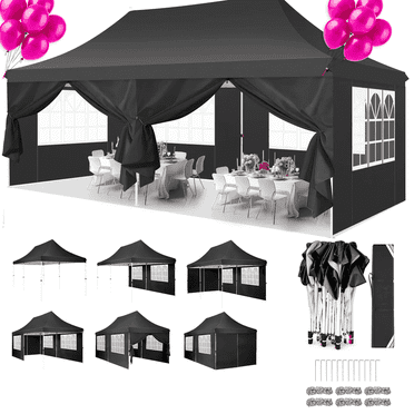 HOTEEL 10'x20' Pop up Canopy Tent with 6 Removable Sidewalls, Instant Outdoor Canopy Shelter with Upgrade Raised Roof and Carry Bag,Black
