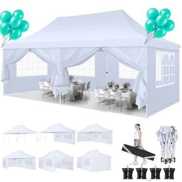 Hoteel 10'x20' Pop up Canopy Tent with 6 Removable Sidewalls, Instant Outdoor Canopy Shelter with Upgrade Raised Roof and Carry Bag,White