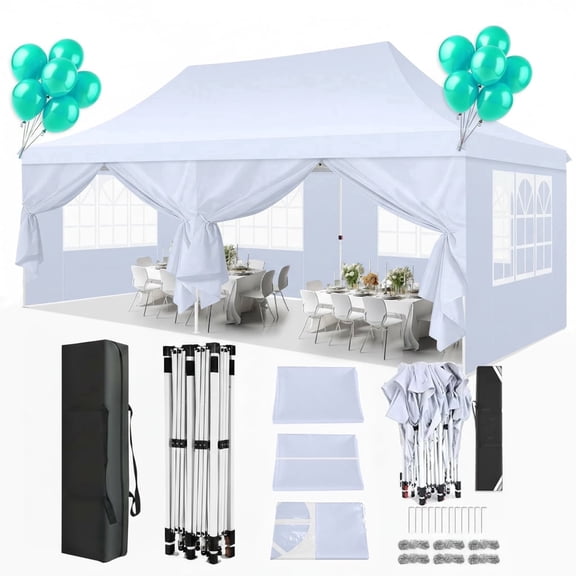 Hoteel 10'x20' Pop up Canopy Tent with 6 Removable Sidewalls, Instant Outdoor Canopy Shelter with Upgrade Raised Roof and Carry Bag,White