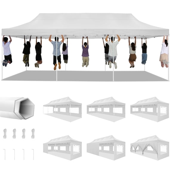 HOTEEL 10'x30' Heavy Duty Canopy Pop up Commercial Canopy Tent with 8 Sidewalls,Outdoor Carport with Carry Bag,Pop up Tents for Parties,Wedding,Commercial,Events,White