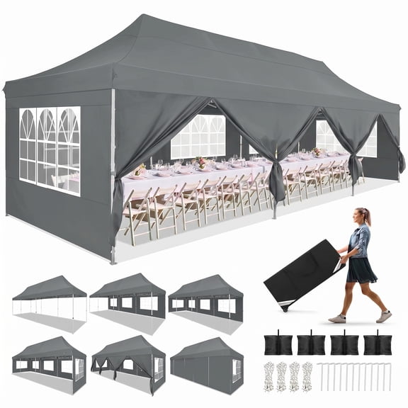 HOTEEL 10'x30' Pop Up Canopy Tent with 8 Sidewalls,Heavy Duty Wedding Event Tents,Party Gazebo with Roller Bag,UPF 50+ Windproof Waterproof,Gray