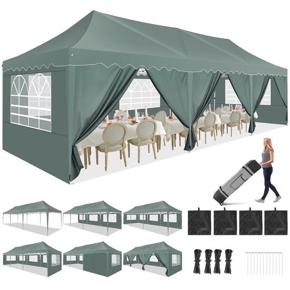 HOTEEL 10'x30' Pop Up Canopy Tent with 8 Sidewalls,Heavy Duty Wedding Event Tents,Party Gazebo with Roller Bag,UPF 50+ Windproof Waterproof,Gray