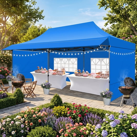 COBIZI 10x20 ft Canopy with Extended Awning, Heavy Duty EZ Pop up Folding Canopy Tent with Roller Bag, Rainproof&Sunproof Awning Gazebo Shelter for Party Events, Market, Vendor, Blue