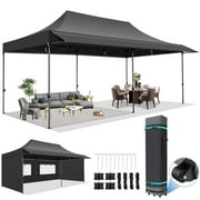 HOTEEL 10x20 ft Canopy with Extended Awning, Heavy Duty EZ Pop up Folding Canopy Tent with Roller Bag, Rainproof&Sunproof Awning Gazebo Shelter for Party Events, Market, Vendor, Black