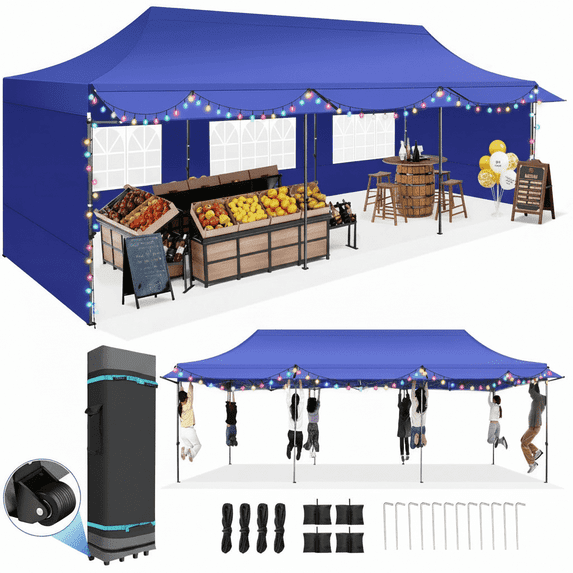 HOTEEL 10x30 Heavy Duty Canopy Tent with 6 Removable Sidewalls,Pop up Outdoor Commercial Party Wedding Tent with Roller Bag,Waterproof & UV 50+, Extended Awning, Dark Blue