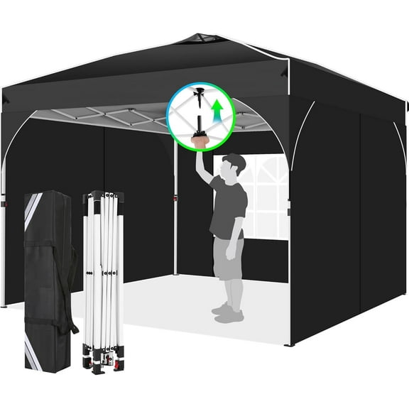 HOTEEL 10x10 Ez Up Pop Up Canopy Tent, Party Tents with One Push Central Button Air Vent, Instant Canopy Tent with Sidewalls & Reflective Strip, Black
