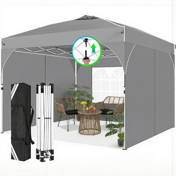 HOTEEL 10x10 Ez Up Pop Up Canopy Tent, Party Tents with One Push Central Button Air Vent, Instant Canopy Tent with Sidewalls & Reflective Strip, Gray