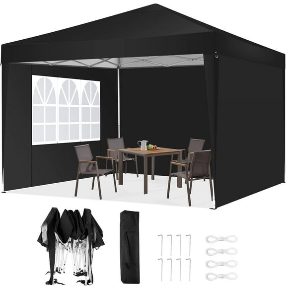 HOTEEL Canopy 10x10 Pop Up Canopy Tent with 3 Sidewalls Party Tents for Parties Weddings Backyard Waterproof Canopy Outdoor Commercial Canopy Event Tent with Stakes, Ropes, Black