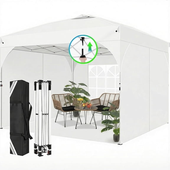 HOTEEL 10x10 Ez Up Pop Up Canopy Tent, Party Tents with One Push Central Button Air Vent, Instant Canopy Tent with Sidewalls & Reflective Strip, White