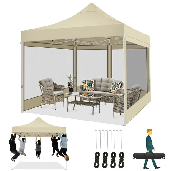 HOTEEL 10x10 Heavy Duty Canopy Tent, Pop up Canopies with Netting Screened ,Waterproof Ez up Canopy with Sidewalls, Outdoor Instant Party Tent for Backyard,Khaki
