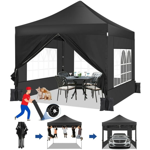HOTEEL 10x10 Heavy Duty Canopy Tent with 4 Sidewalls,Pop up Commercial Gazebo, Waterproof Outdoor Tents with Roller Bag, Black
