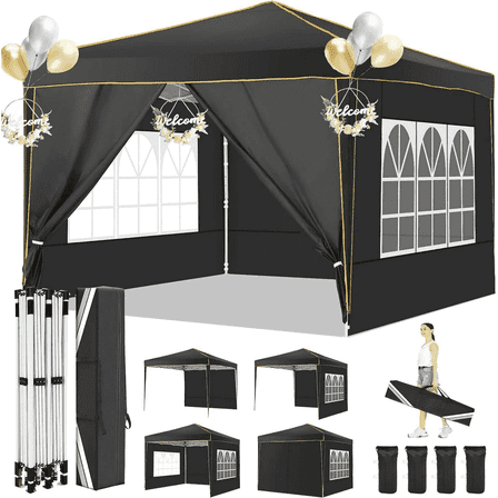 HOTEEL 10x10 Pop up Canopy with Sidewalls,Waterproof Tent for Parties Wedding Event,Instant Outdoor Gazebos with Carry Bag,Stakes,Ropes & Sandbags,Black