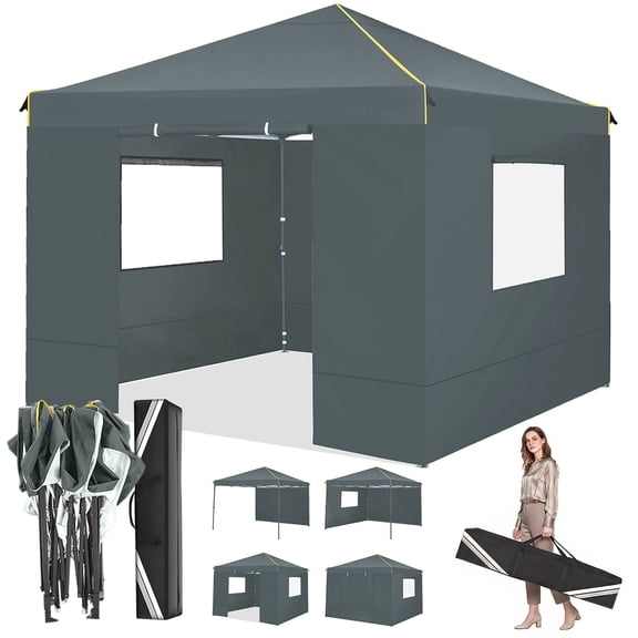 HOTEEL 10x10 Pop up Canopy with Sidewalls,Waterproof Tent for Parties Wedding Event,Instant Outdoor Gazebos with Carry Bag,Stakes,Ropes & Sandbags,Gray