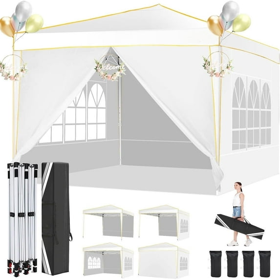 HOTEEL 10x10 Pop up Canopy with Sidewalls,Waterproof Tent for Parties Wedding Event,Instant Outdoor Gazebos with Carry Bag,Stakes,Ropes & Sandbags,White