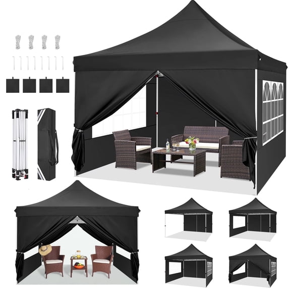 HOTEEL 10x10 Pop Up Canopy Tent with 4 Removable Sidewalls,Waterproof Commercial Instant Gazebo Outdoor Tents for Party/Exhibition/Picnic with Carry Bag,Black