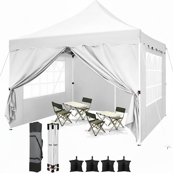 HOTEEL 10x10 Pop Up Canopy , UPF 50+ Easy Setup Canopy Tent Waterproof Outdoor Instant Portable Shelter with 4 Removable Sidewalls, Sandbags, Stakes & Ropes for Party, Events, Vendor, White