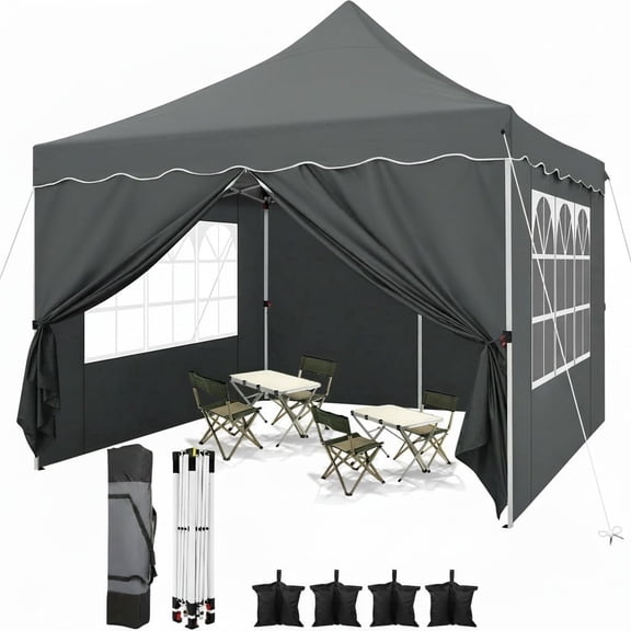 HOTEEL 10x10 Pop Up Canopy , UPF 50+ Easy Setup Canopy Tent Waterproof Outdoor Instant Portable Shelter with 4 Removable Sidewalls, Sandbags, Stakes & Ropes for Party, Events, Vendor, Gray