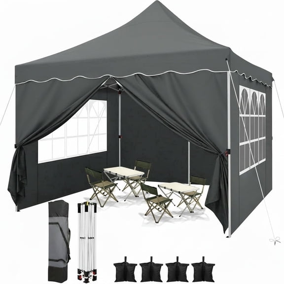 HOTEEL 10x10 Pop Up Canopy , UPF 50+ Easy Setup Canopy Tent Waterproof Outdoor Instant Portable Shelter with 4 Removable Sidewalls, Sandbags, Stakes & Ropes for Party, Events, Vendor, Gray