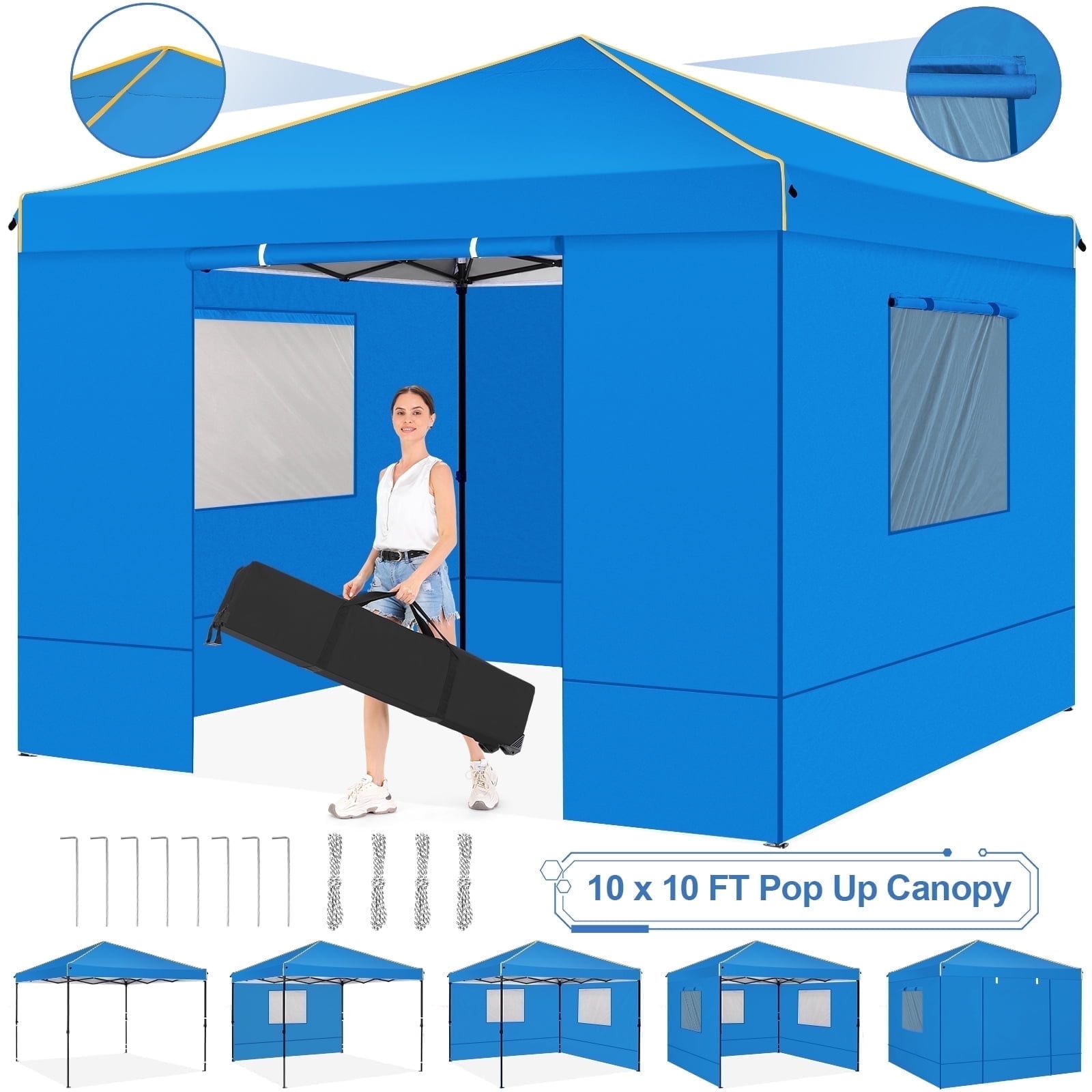 10x10 Blue Pop-Up Canopy Tent with Mesh Windows and Removable Sidewalls