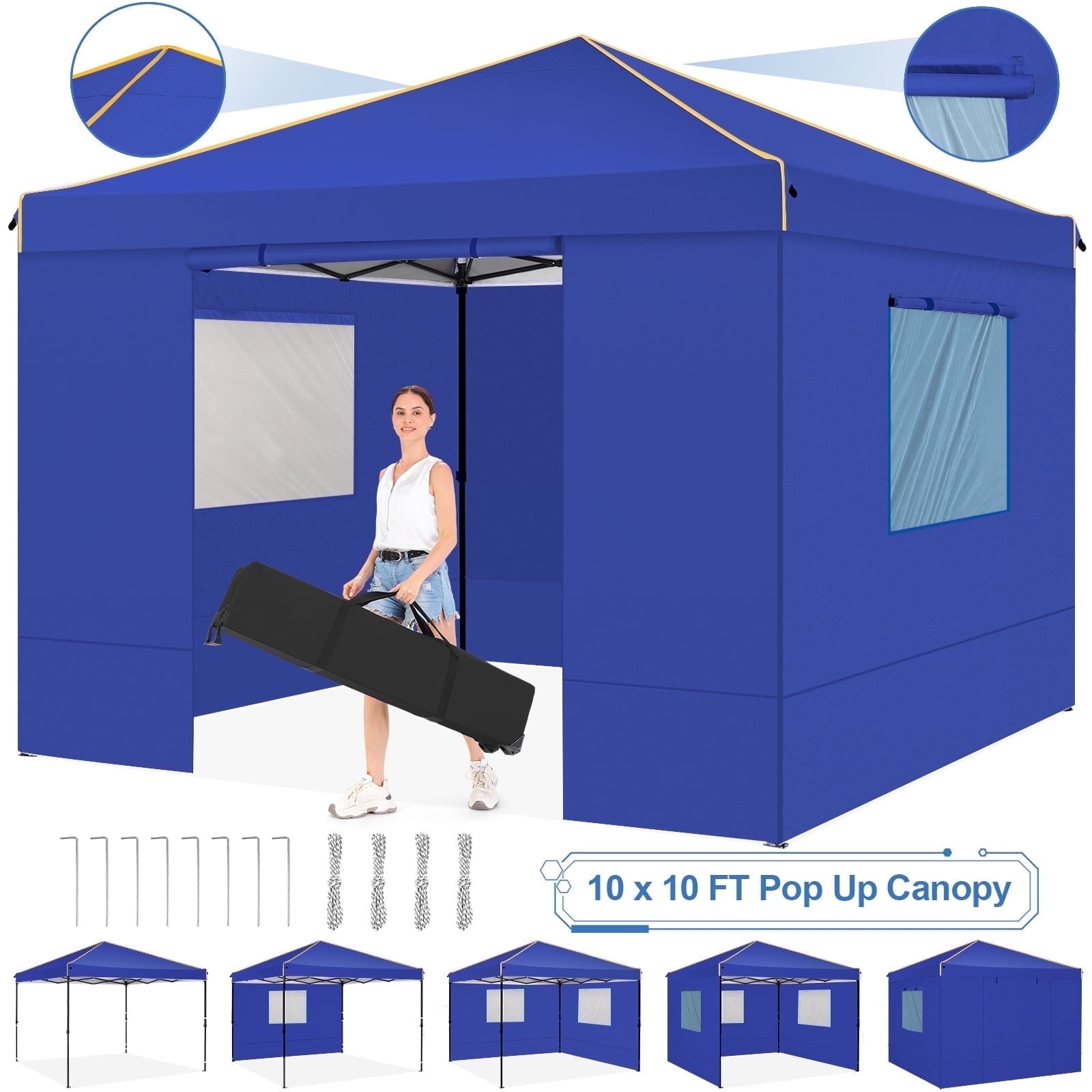 10x10 Blue Pop-Up Canopy Tent with Mesh Windows and Removable Sidewalls