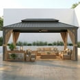 thumbnail image 1 of HOTEEL 10x15 Hardtop Gazebo with Metal Roof & Drainage System, Heavy Duty Galvanized Steel Gazebo with Reinforced Aluminum Frame, Privacy Curtains and Netting, for All-Weather, Brown, 1 of 7