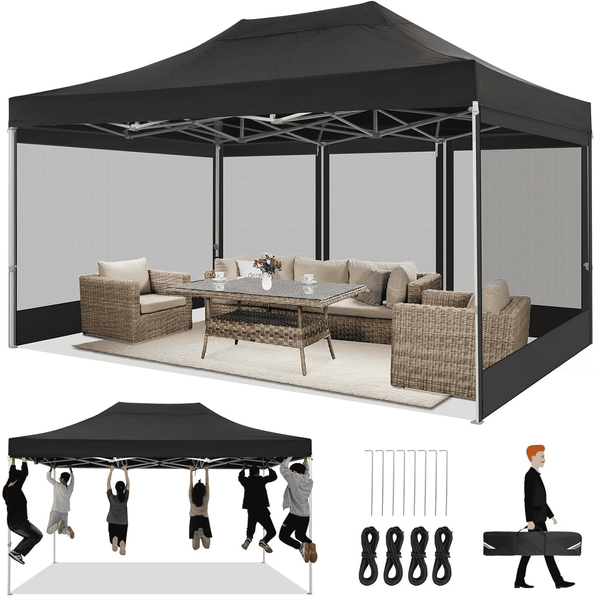 HOTEEL 10x15 Heavy Duty Canopy, Waterproof Outdoor Gazebo with Mesh Sidewalls, Black
