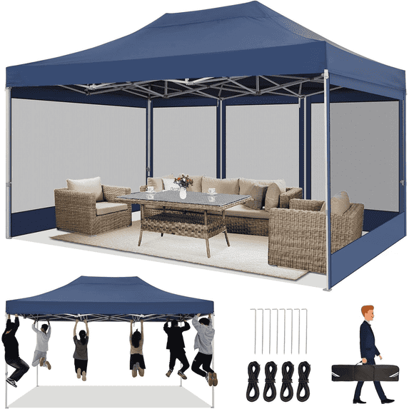 HOTEEL 10x15 Heavy Duty Canopy Tent, Pop up Canopies with Netting Screened ,Waterproof Ez up Canopy with Sidewalls, Outdoor Instant Party Tent for Backyard,Dark Blue