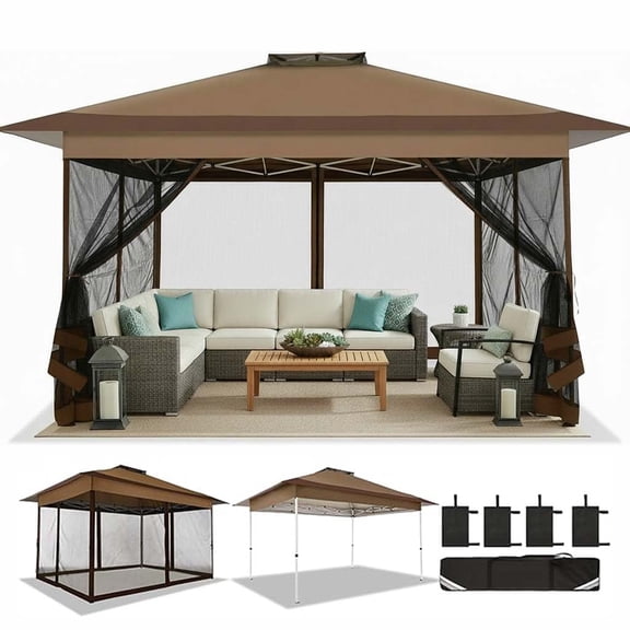 HOTEEL 10' x 15' Outdoor Pop-Up Gazebo Canopy with Mosquito Netting, 2-Tiered Vented Top, 3 Adjustable Heights for Backyard, Garden, Lawn, Brown