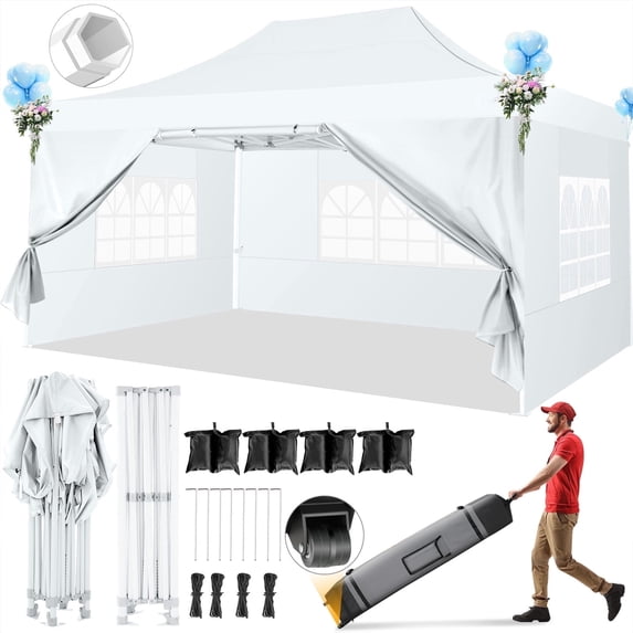 HOTEEL 10x15 Pop Up Canopy Tent Heavy Duty with 4 Sidewalls,Tents for Parties Outdoor Canopy Event Tent Wedding with Roller Bag,UV 50+ & Upgraded No Water Accumulation,Thick Hexagonal Legs,White
