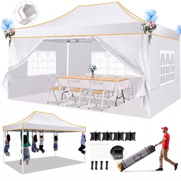 HOTEEL 10x15 Pop Up Canopy Tent Heavy Duty with 4 Sidewalls,Tents for Parties Outdoor Canopy Event Tent Wedding with Roller Bag,UV 50+ & Upgraded No Water Accumulation,Thick Hexagonal Legs,White
