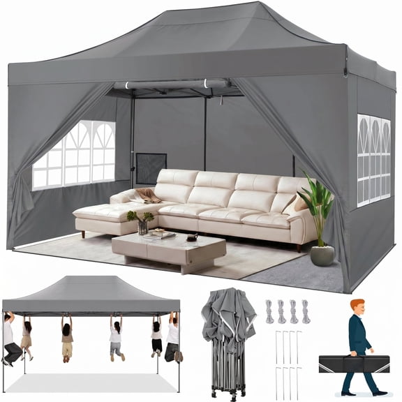 HOTEEL 10x15 Pop up Canopy Tent Heavy Duty with 4 Sidewalls, Thicken Frame Commercial Outdoor Tents for Parties All Season Wind & Easy Up Gazebo with Portable Bag, Gray