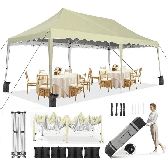 HOTEEL 10x20 Canopy Tent Pop Up Canopy,Outdoor Shade Tent with Wheeled Bag & Curled Edge Fully Waterproof,Portable Event Tents for Parties,Wedding,Backyard,Camping,Khaki