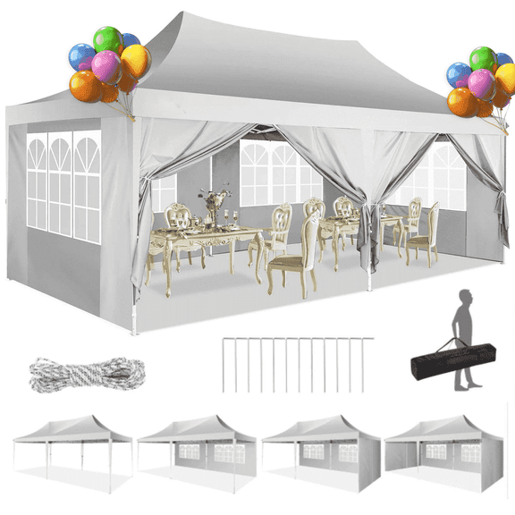 HOTEEL 10x20 Canopy Tent with Sidewalls,3 Adjustable Height Commercial Canopy,Pop Up Party Canopy with 12 Stakes & 6 Ropes,White