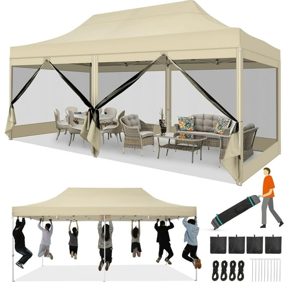 HOTEEL 10x20 Heavy Duty Canopy Tent, Pop up Canopies with Netting Screened ,Waterproof Ez up Canopy with Sidewalls, Outdoor Instant Party Tent for Backyard,Khaki